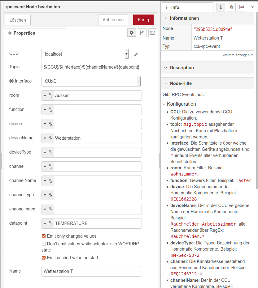 CCU rpc-event Node zur Konfiguration des Temperatursensors